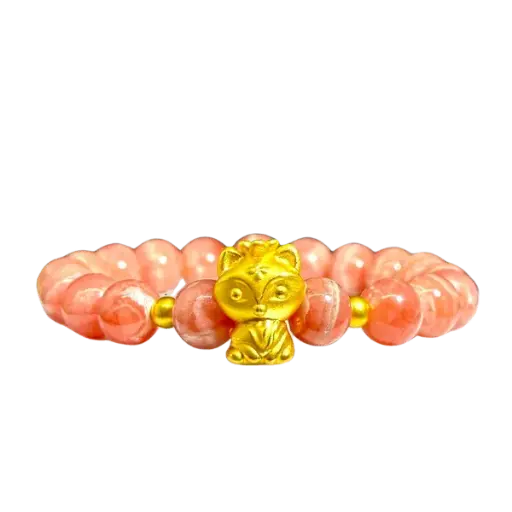 Vòng tay đá Đào hoa phối charm Hồ ly vương miện mix Bi vàng