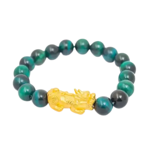 Vòng tay đá mắt hổ xanh lá thiên nhiên mix vàng 24k tỳ hưu – May mắn – Tài lộc