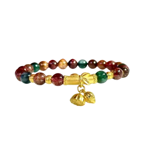 Vòng tay đá thạch anh tóc tam tài phối charm rơi búp sen mix Bi vàng