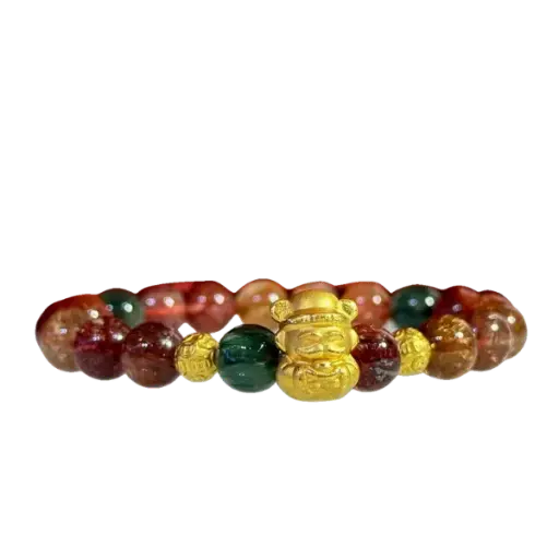 Vòng tay đá thạch anh tóc tam tài phối charm Thần Tài mix hột tròn kim tiền