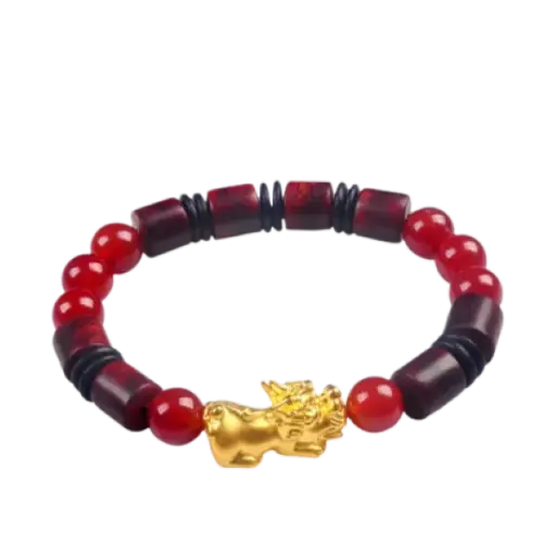 Vòng gỗ tử đàn phối charm tỳ hưu vàng 24k – Tiền tài – May mắn