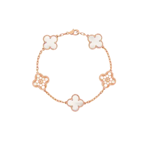 [AG7502.L168.5203] Lắc tay Vàng 18K Golden Leaf 5 hoa 15mm đính đá – Trắng