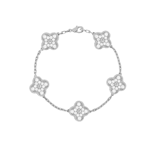 [AG7502.L168.521H3] Lắc tay Vàng 18K Golden Leaf 5 hoa 15mm full đá – Vàng trắng